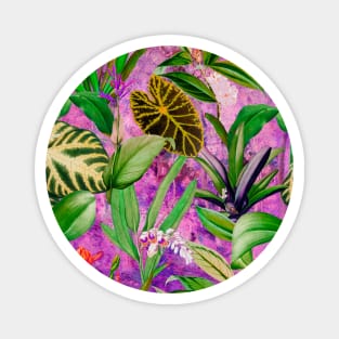 Stylish Tropical floral leaves and foliage botanical illustration, botanical pattern, tropical plants, pink purple leaves pattern over a Magnet